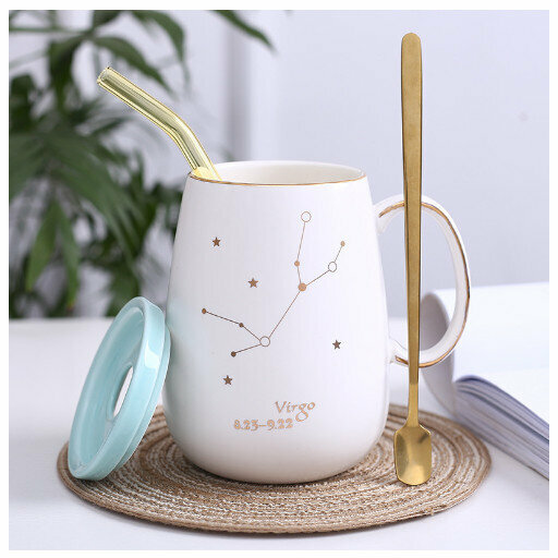 Hot selling gold edge ceramic mug coffee cup [Virgo-(lid+spoon+straw)]