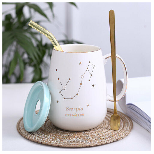Hot selling gold edge ceramic mug coffee cup [Scorpio-(lid+spoon+straw)]