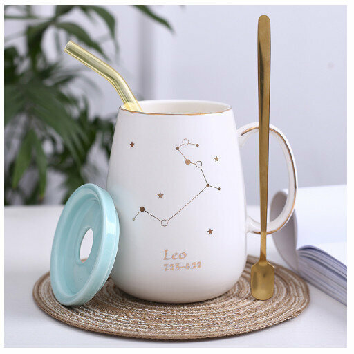 Hot selling gold edge ceramic mug coffee cup [Leo-(lid+spoon+straw)]