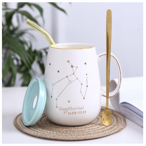 Hot selling gold edge ceramic mug coffee cup [Sagittarius-(lid+spoon+straw)]