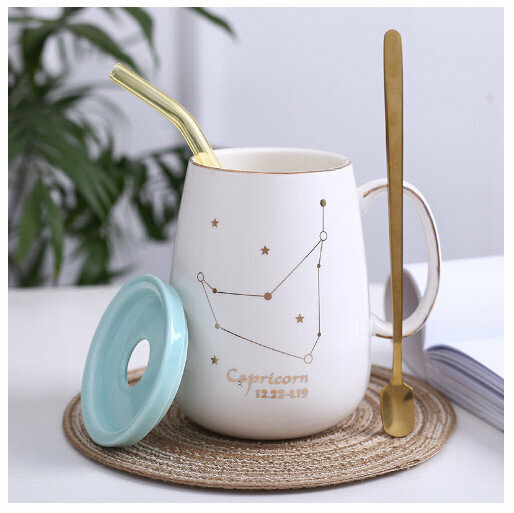 Hot selling gold edge ceramic mug coffee cup [Capricorn-(lid+spoon+straw)]