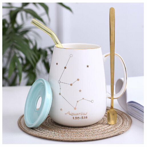 Popular gold-rimmed ceramic mug coffee cup [Aquarius-(lid+spoon+straw)]