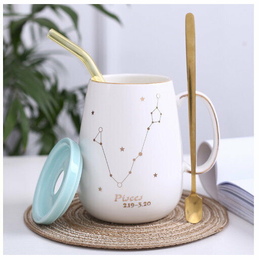 Popular gold-rimmed ceramic mug coffee cup [Pisces-(lid+spoon+straw)]