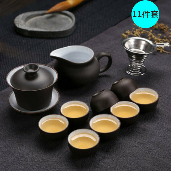 爆款【11件套】陶瓷茶具套裝(款式六:外黑內白紫砂蓋碗款)