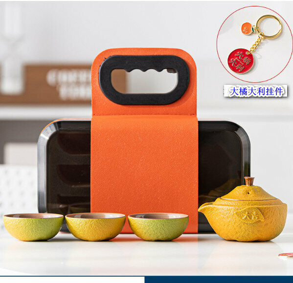爆款戶外便攜陶瓷茶具套裝【黃綠手抓壺】【規格：一壺三杯】