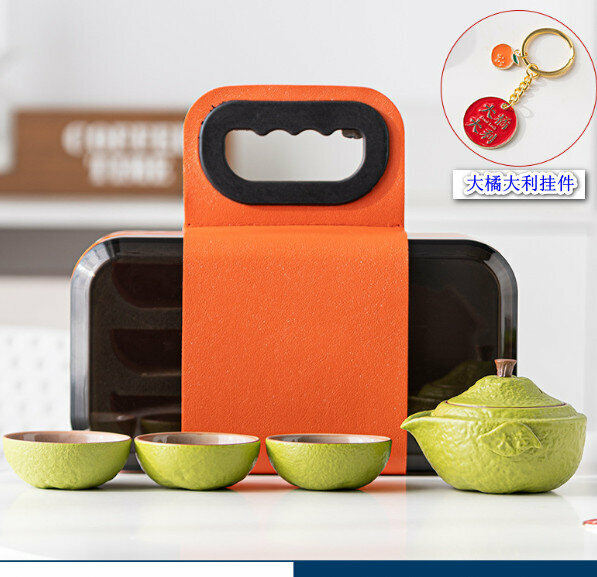 爆款戶外便攜陶瓷茶具套裝【綠色手抓壺】【規格：一壺三杯】