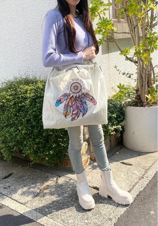 Ball＆Chain 刺繡環保購物袋 L號 - 淺灰 (30112727)