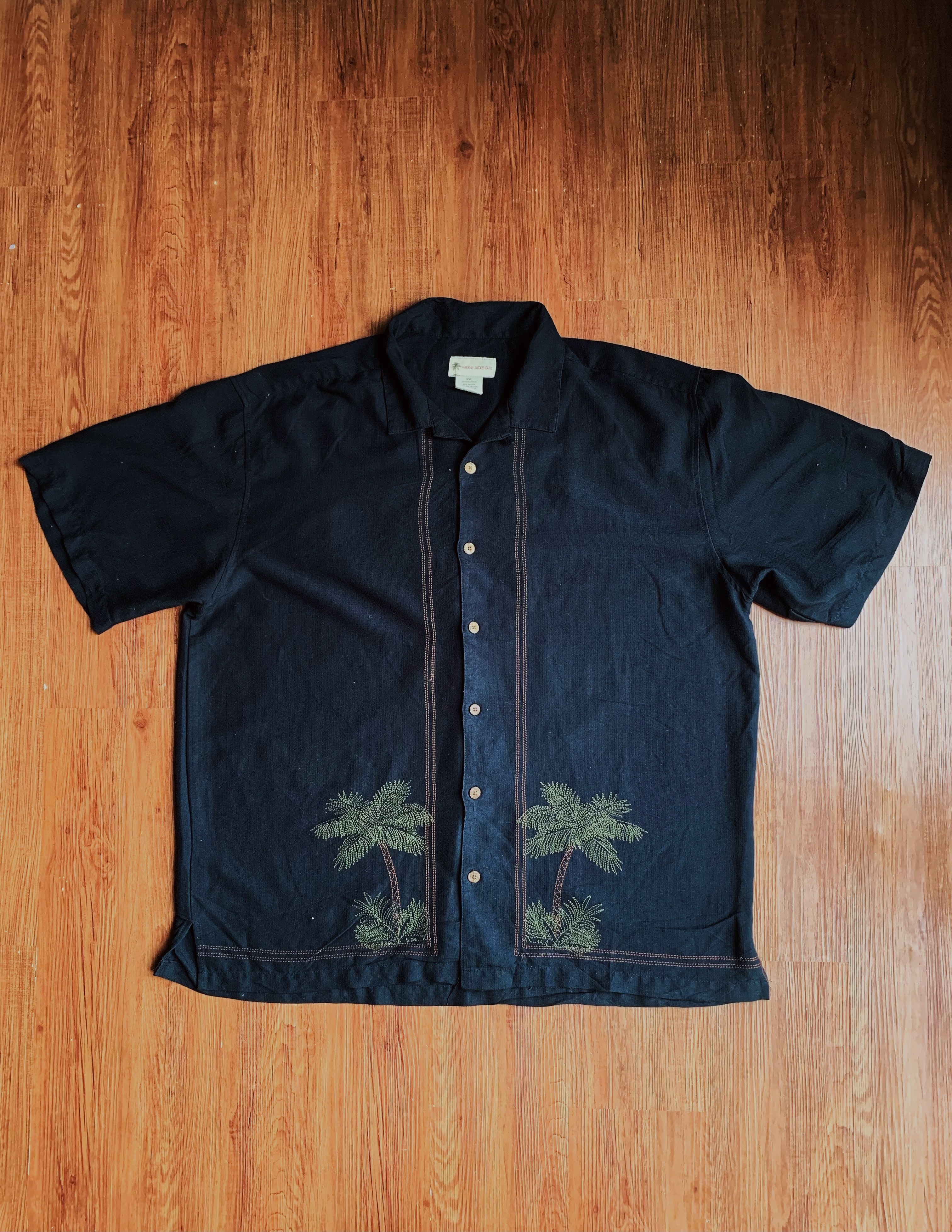 Vintage Shirt/古著古巴領嫘縈襯衫-黑色熱帶椰樹刺繡