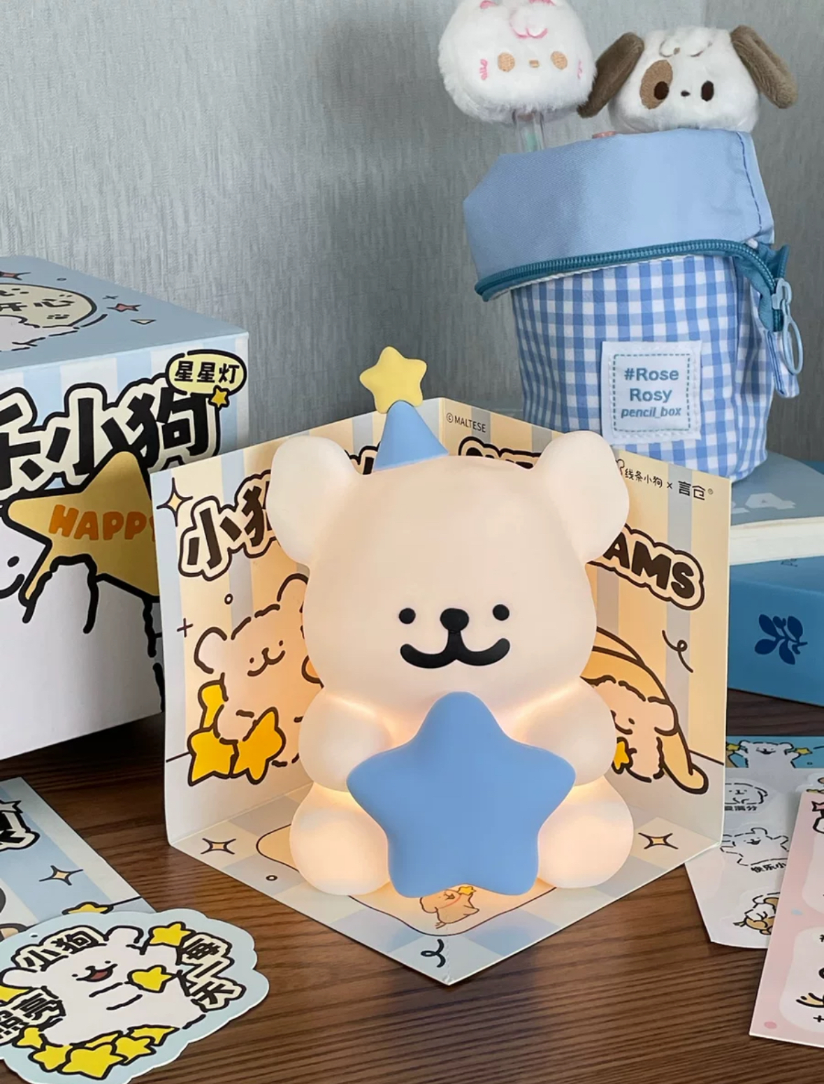 線條小狗 Maltese 馬爾濟斯 正版授權 快樂小狗星星夜燈 生日蛋糕 蘋果 拍拍燈 夜燈 /預購