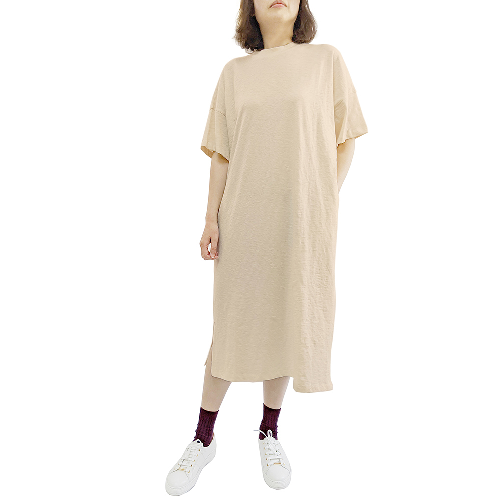 有機棉女BD竹節短袖長洋裝-原米 | 藍天畫布有機棉