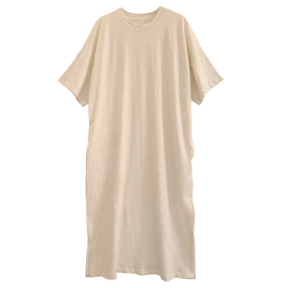 有機棉女BD竹節短袖長洋裝-原米 | 藍天畫布有機棉