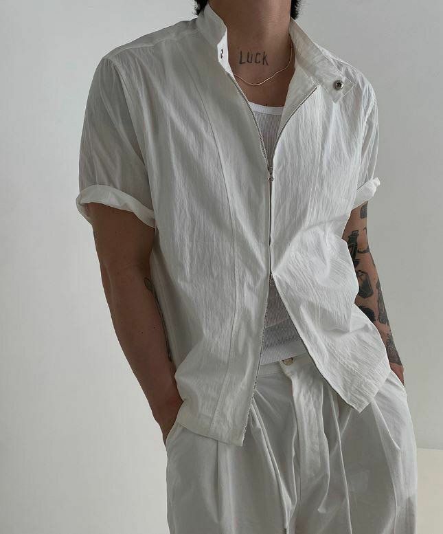 淨色企領拉鍊短袖恤衫外套 JK2519