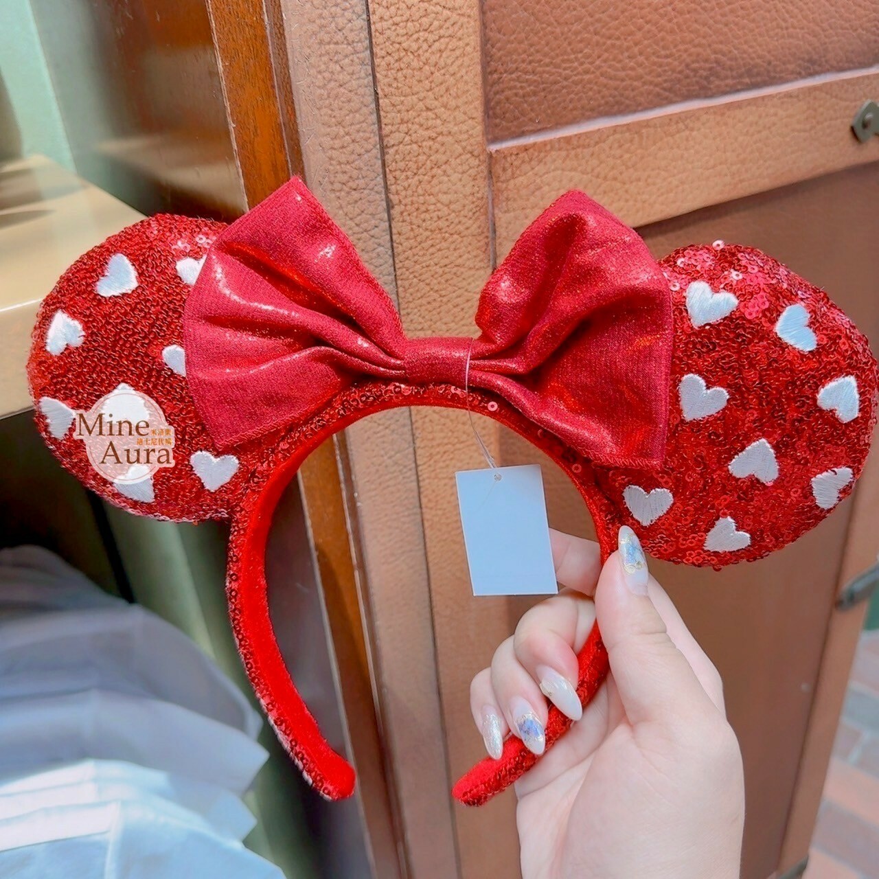米妮 Minnie 紅色蝴蝶結 愛心亮片 造型 髮圈 髮箍 -香港迪士尼樂園