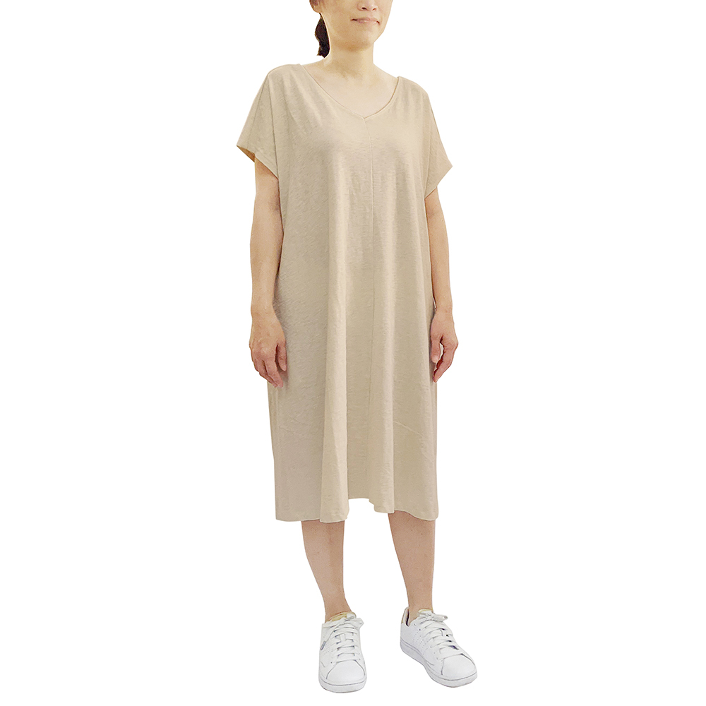 女BD竹節V領寬鬆及膝T-原米F | 大尺碼 埃及棉 | 藍天畫布有機棉