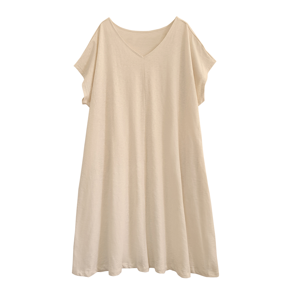 女BD竹節V領寬鬆及膝T-原米F | 大尺碼 埃及棉 | 藍天畫布有機棉