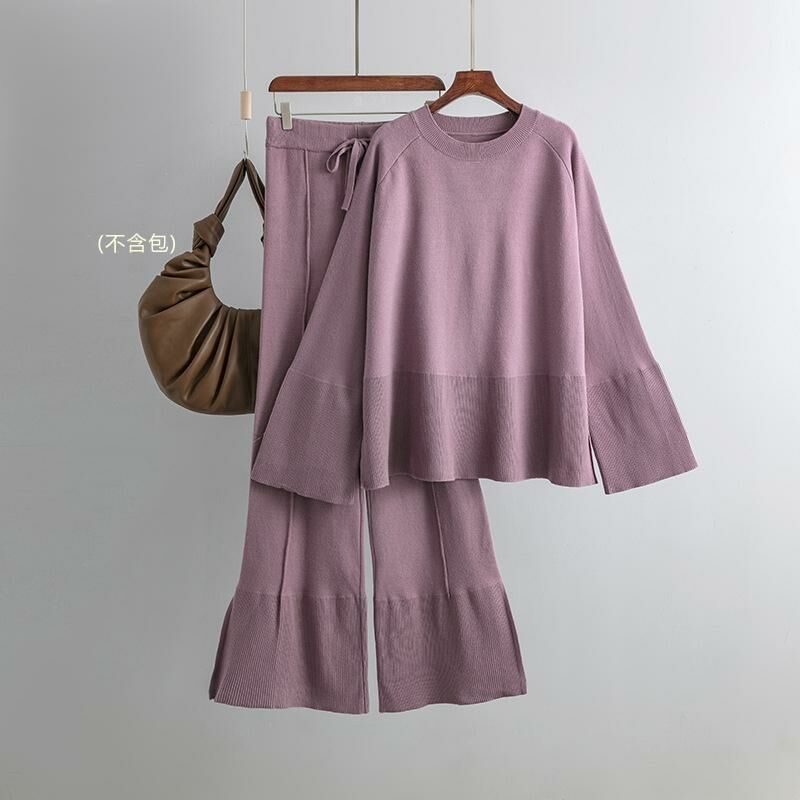 Temperament casual knitted sweater set (one size plus top + pants purple)