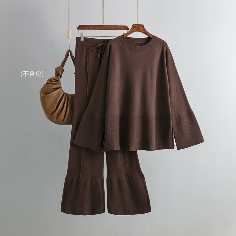 Temperament casual knitted sweater set (one size plus top + pants brown)