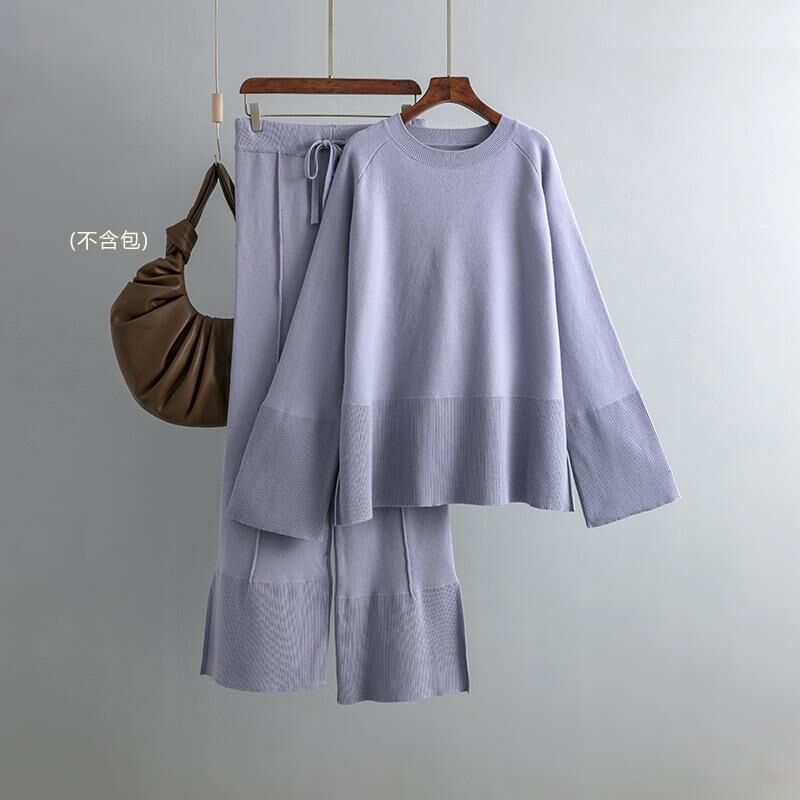 Temperament casual knitted sweater set (one-size-fits-all top + pants gray purple)