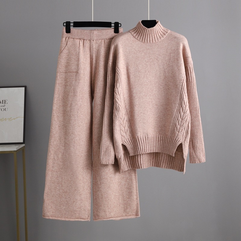 Temperament Casual Knit Sweater Set (One-size-fits-all Top + Pants Pink)