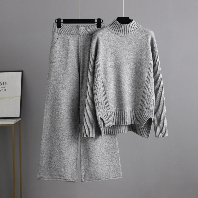 Temperament Casual Knit Sweater Set (One-size-fits-all Top + Pants Grey)