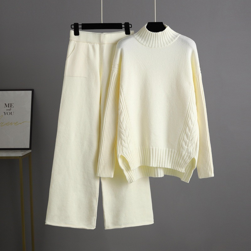 Temperament casual knitted sweater set (one-size-fits-all top + pants off-white)
