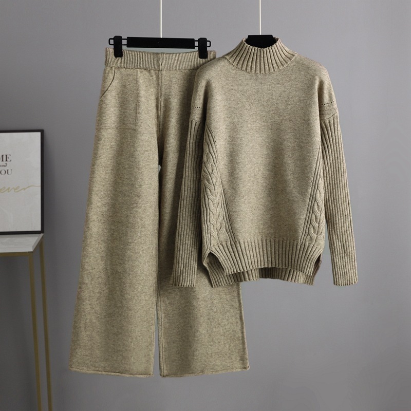 Temperament casual knitted sweater set (one-size-fits-all top + pants khaki)