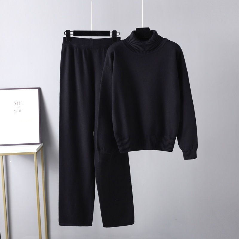 Temperament casual knitted sweater set (one-size-fits-all top + pants black)