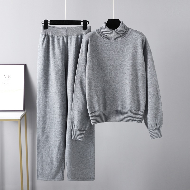 Temperament Casual Knit Sweater Set (One-size-fits-all Top + Pants Grey)
