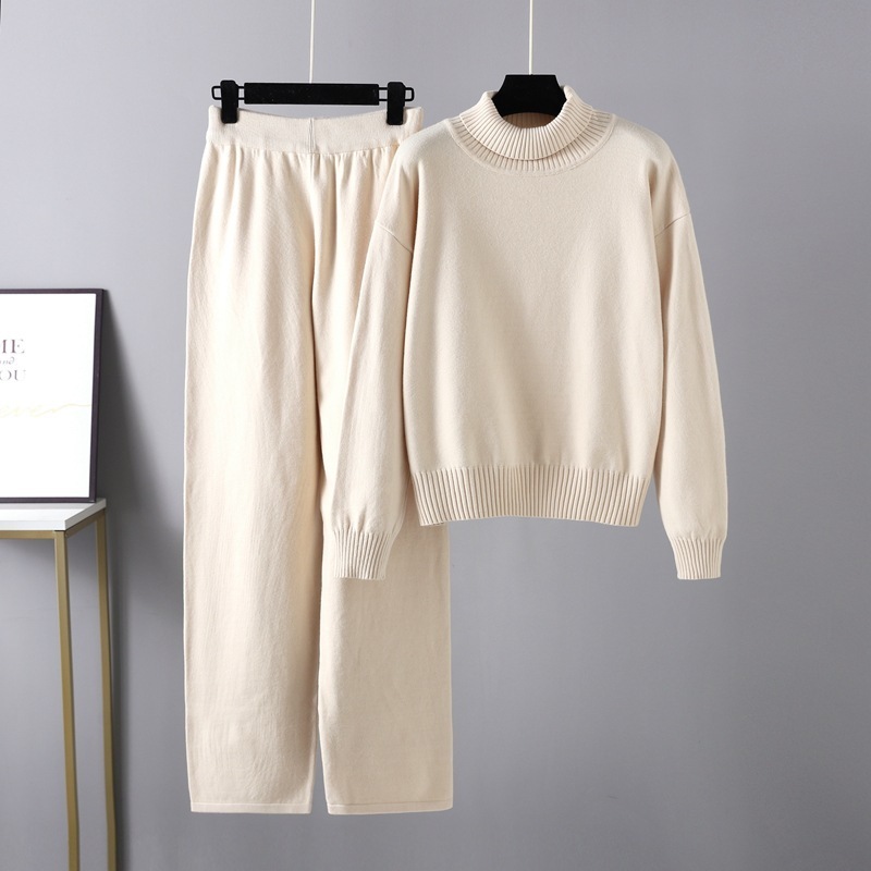 Temperament casual knitted sweater set (one-size-fits-all top + pants apricot)