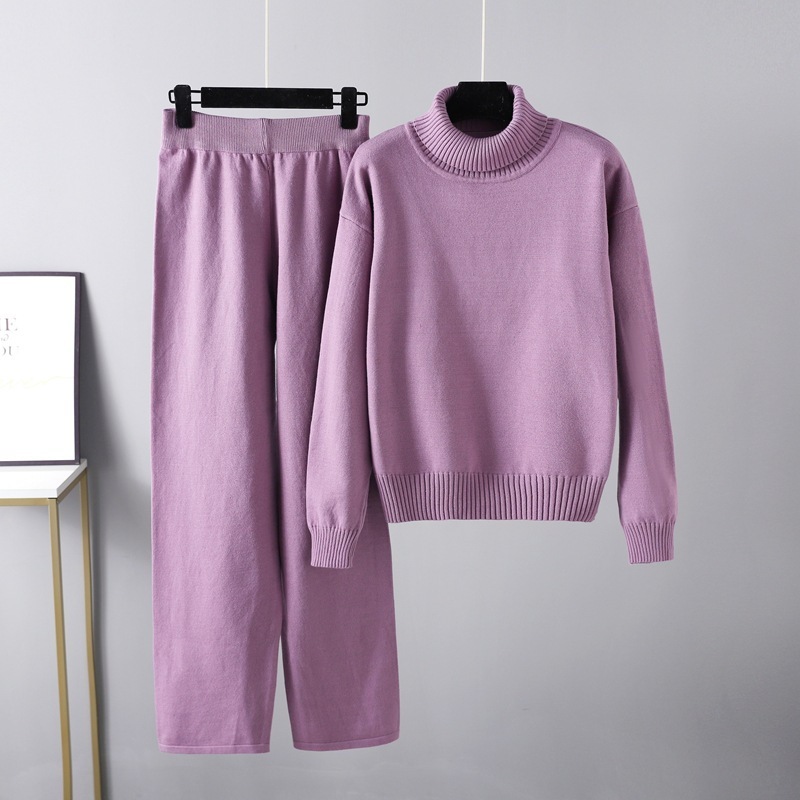 Temperament casual knitted sweater set (one size plus top + pants purple)