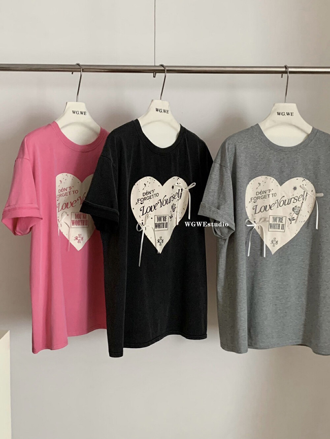 愛心印花+蝴蝶結點綴寬鬆上衣-三色