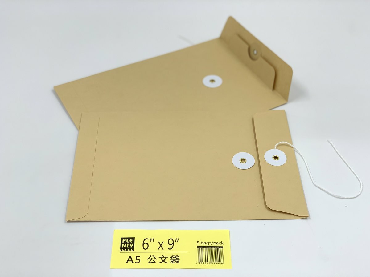 和風 6"X 9" 牛皮公文袋 （5個）, 繞繩雞眼封口