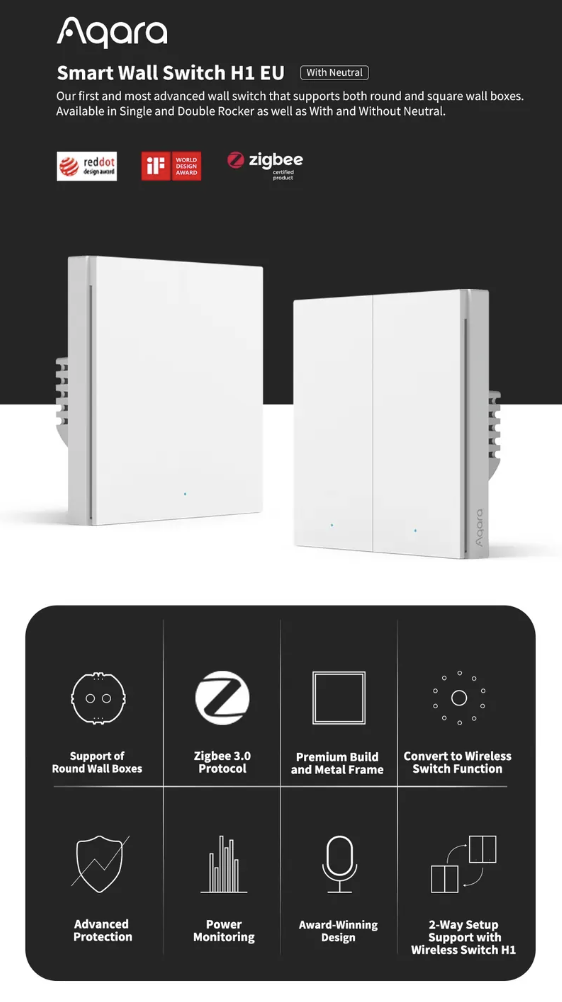 Aqara H1 智能 2制位牆身燈制(零火版)