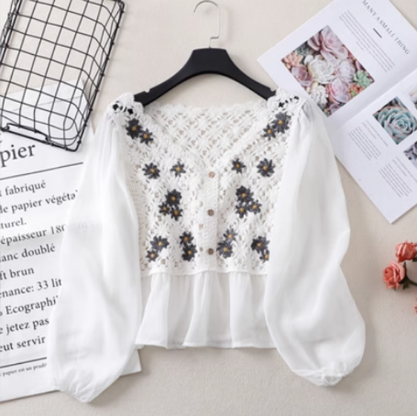 Chiffon patchwork shirt long sleeve (apricot) (one size)】