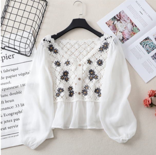 Chiffon patchwork shirt long sleeve (white) (one size)】
