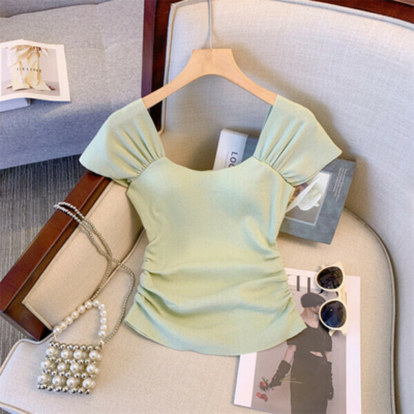 Tight square neck shoulder short sleeve t (green) (size: S/M/L) (contact customer service to confirm size after placing an order)】