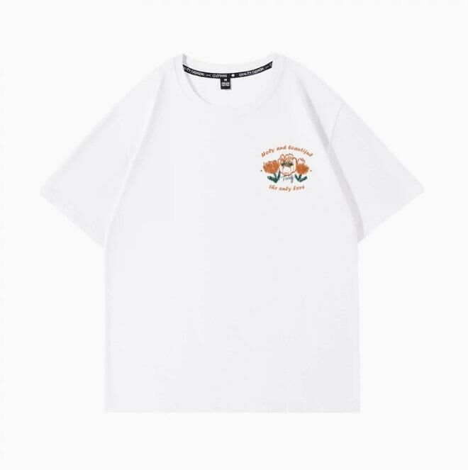 Summer Short Sleeve T-Shirt Top (White Cream Imprint Orange S-2XL Size) (Contact customer service to confirm shipping size after placing an order)】