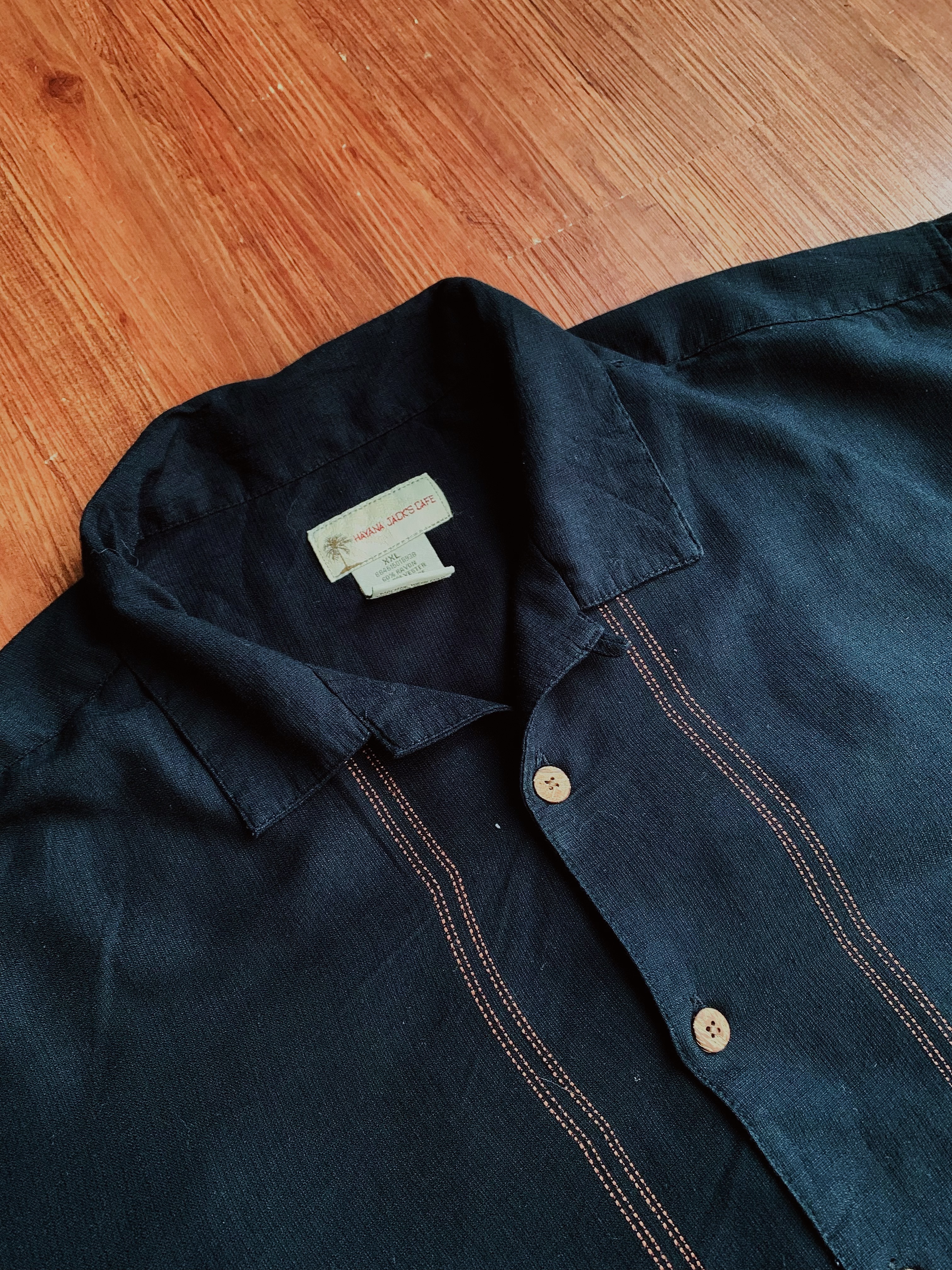 Vintage Shirt/古著古巴領嫘縈襯衫-黑色熱帶椰樹刺繡