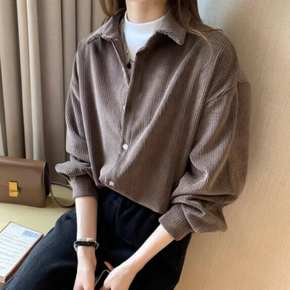 Brushed corduroy shirt women's autumn and winter clothes (khaki [size S_XL] (contact customer service to confirm the shipping size after placing an order)】