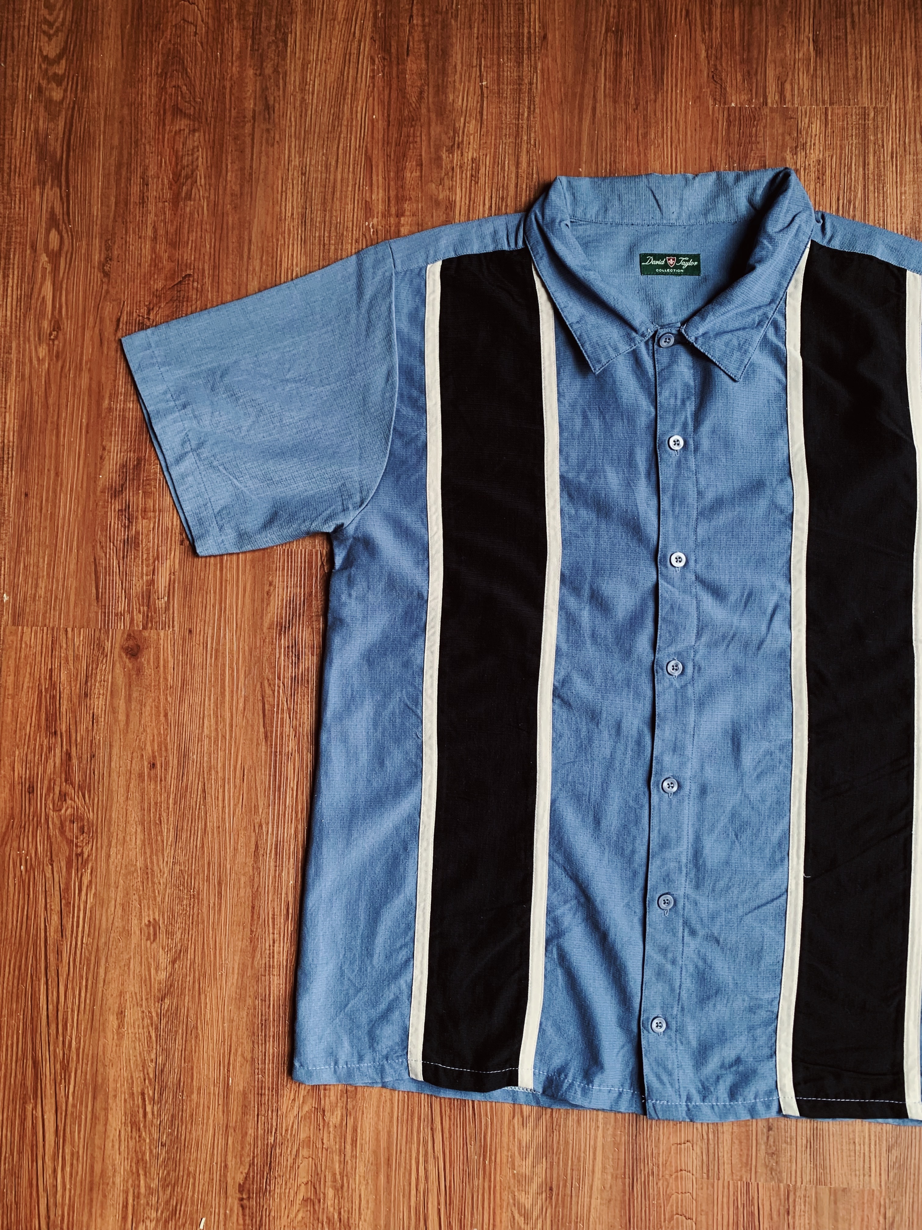 Vintage Shirt/古著古巴領嫘縈襯衫-藍黑條紋