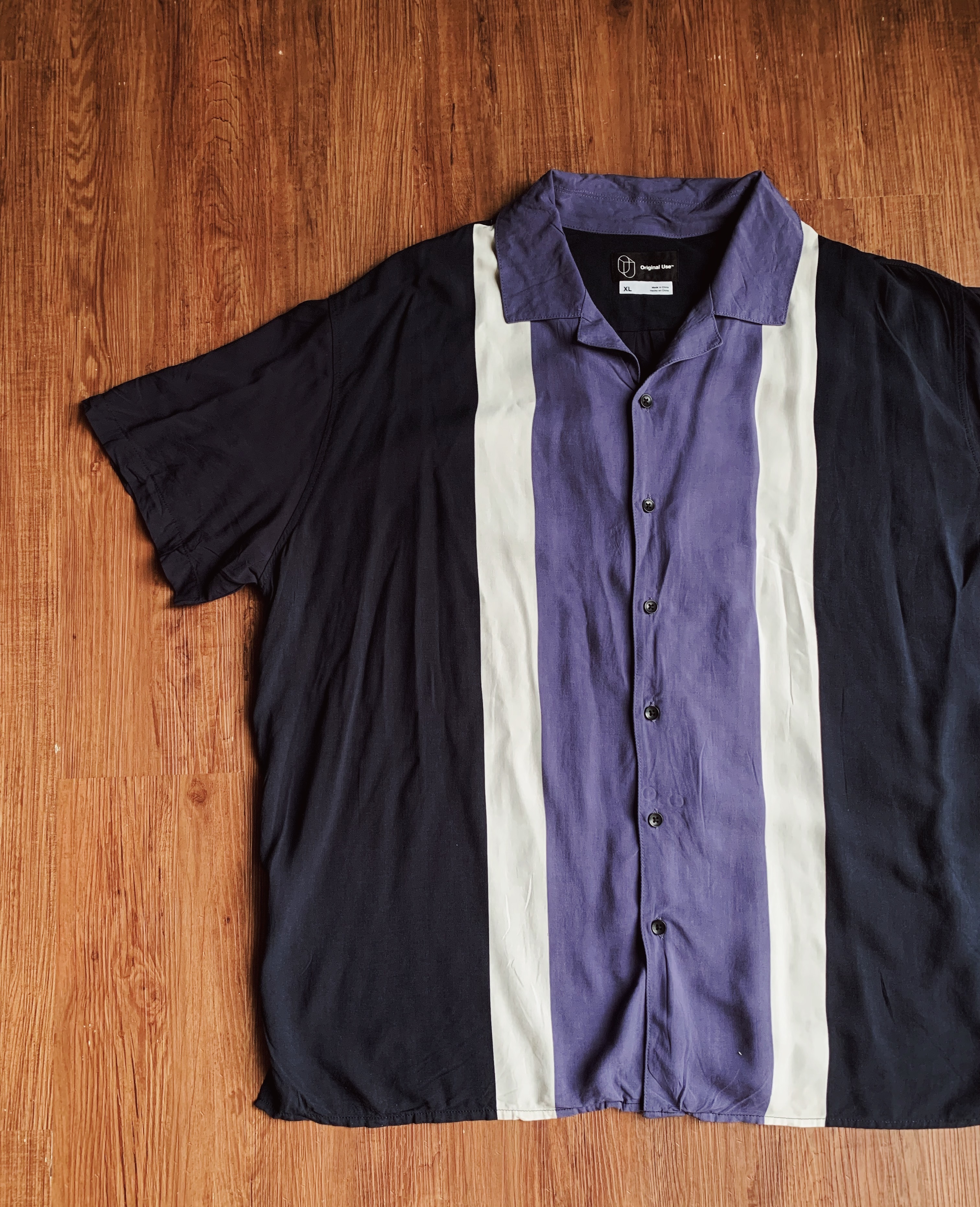 Vintage Shirt/古著古巴領嫘縈襯衫-黑紫條紋