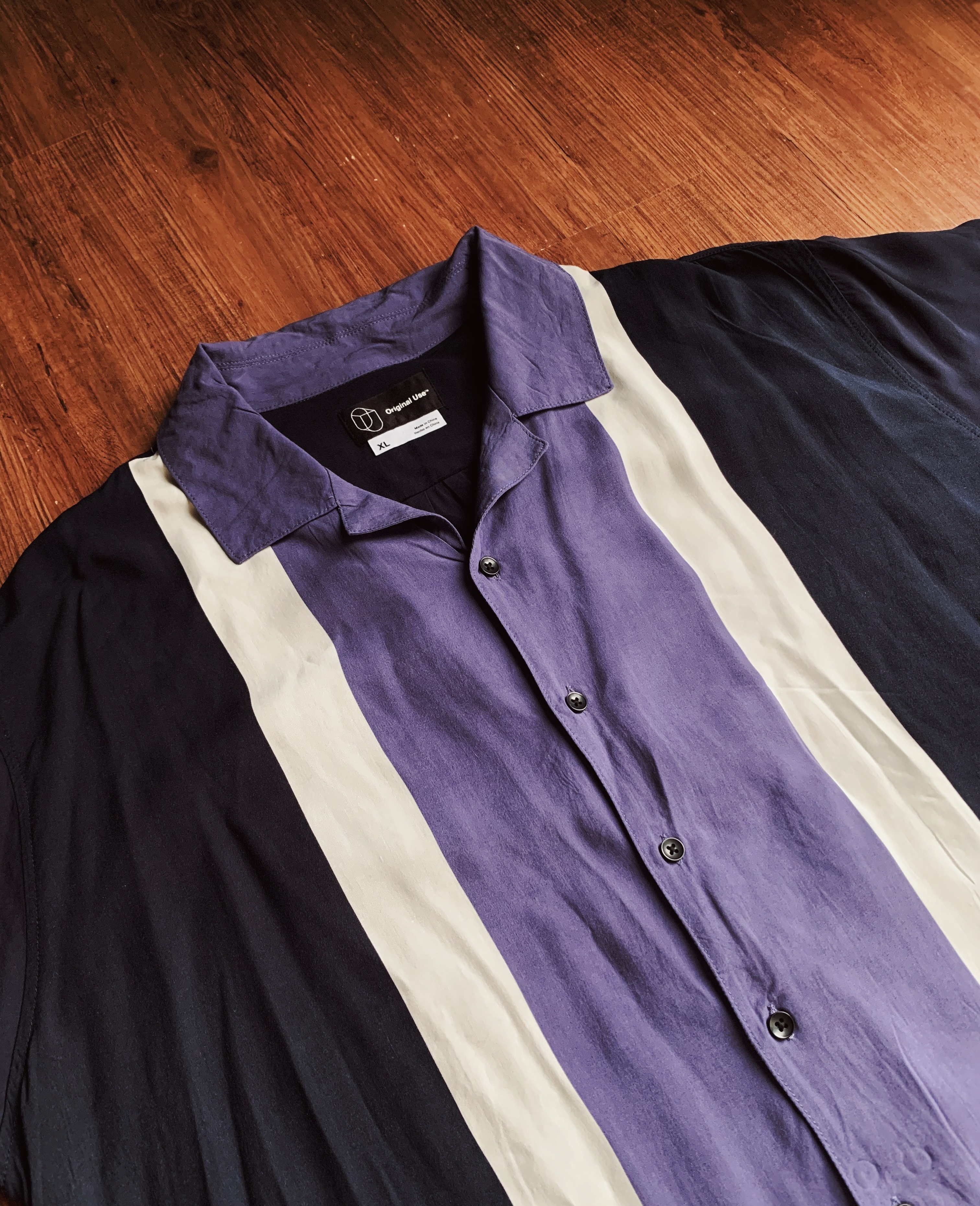 Vintage Shirt/古著古巴領嫘縈襯衫-黑紫條紋