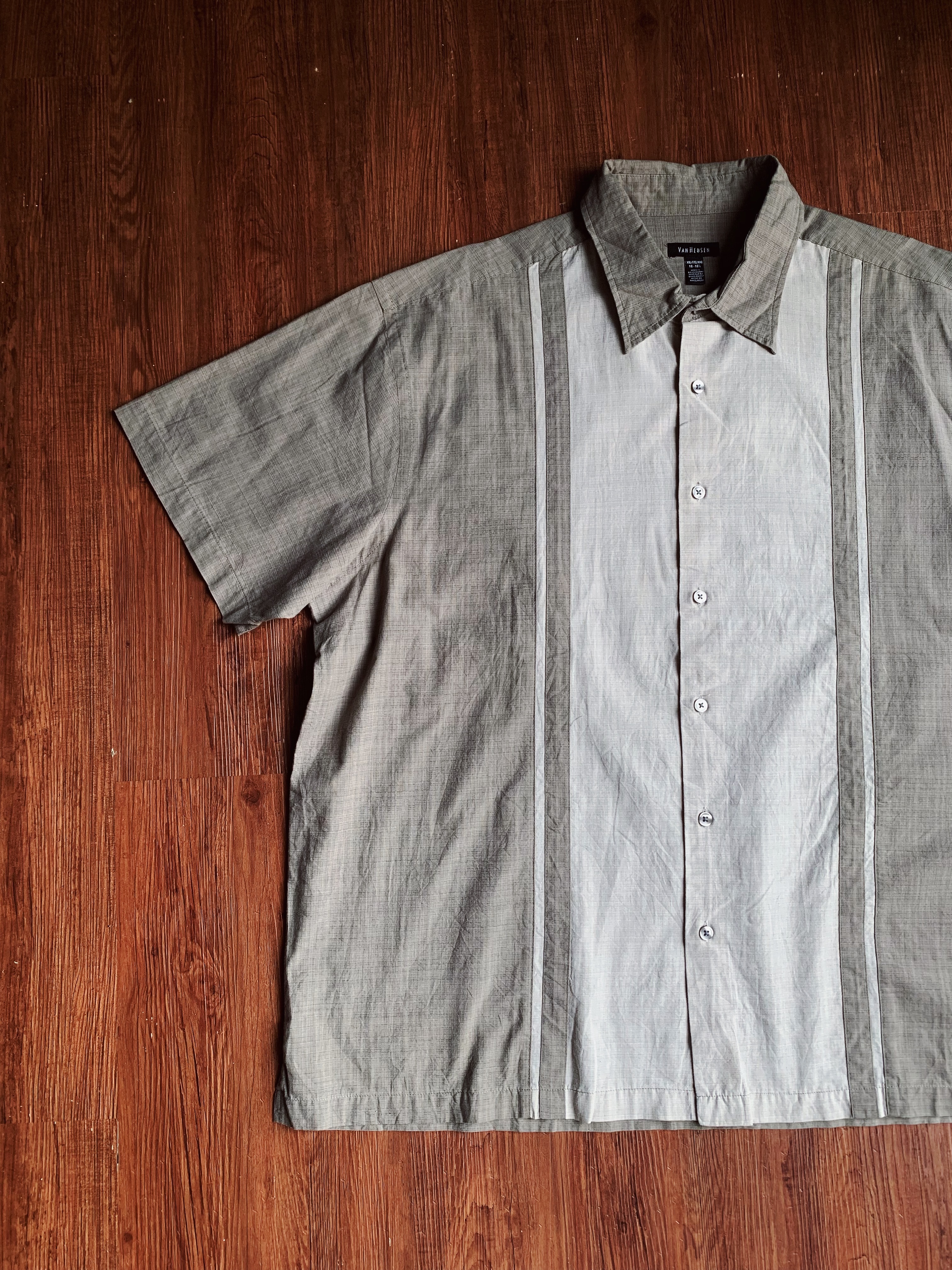 Vintage Shirt/古著古巴領嫘縈襯衫-卡其條紋