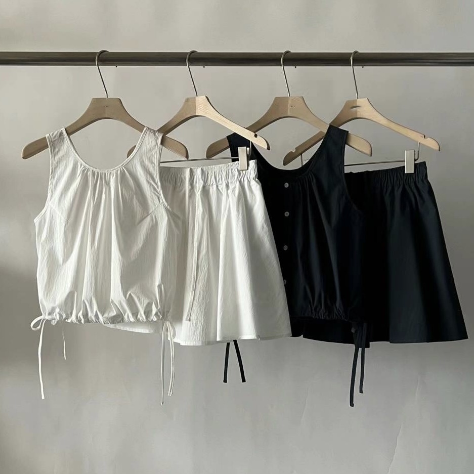 E05抽繩A字傘擺短褲裙(藍)