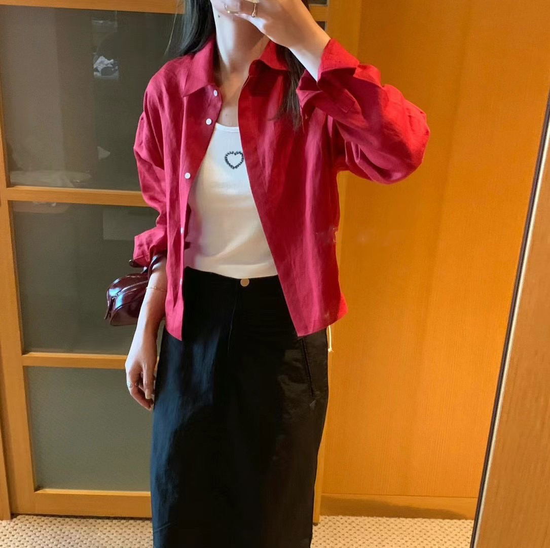 E17高級紅微短版棉麻襯(紅/白)