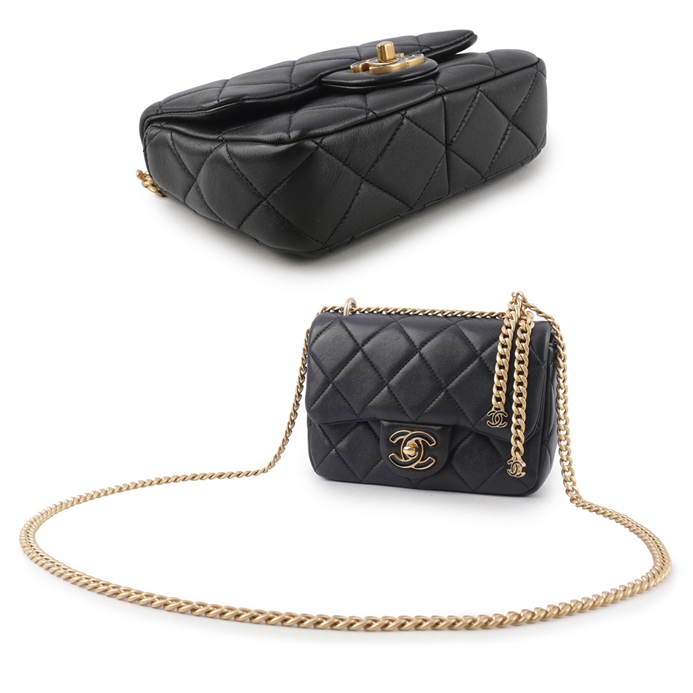 【CHANEL】琺瑯CC Logo 及吊飾小羊皮迷你翻蓋包(黑色) CH14000125