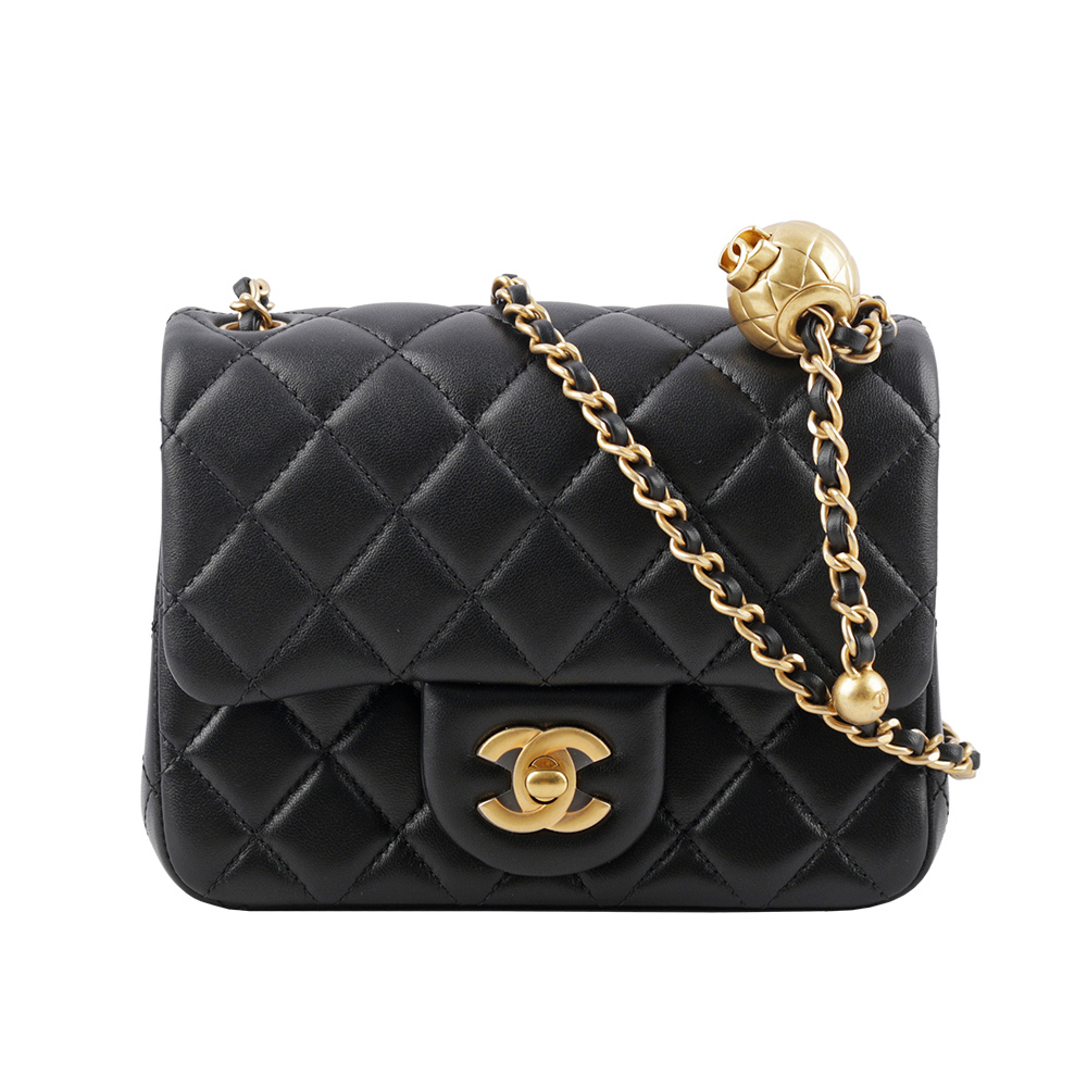 【CHANEL】菱格紋小羊皮口蓋金球方胖包(黑色) AS1786 B02916 94305