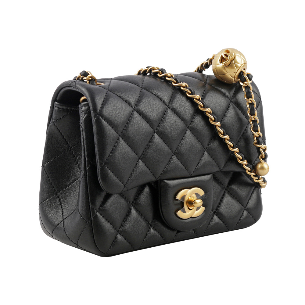 【CHANEL】菱格紋小羊皮口蓋金球方胖包(黑色) AS1786 B02916 94305