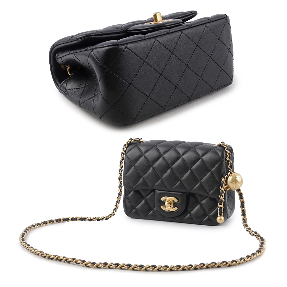 【CHANEL】菱格紋小羊皮口蓋金球方胖包(黑色) AS1786 B02916 94305