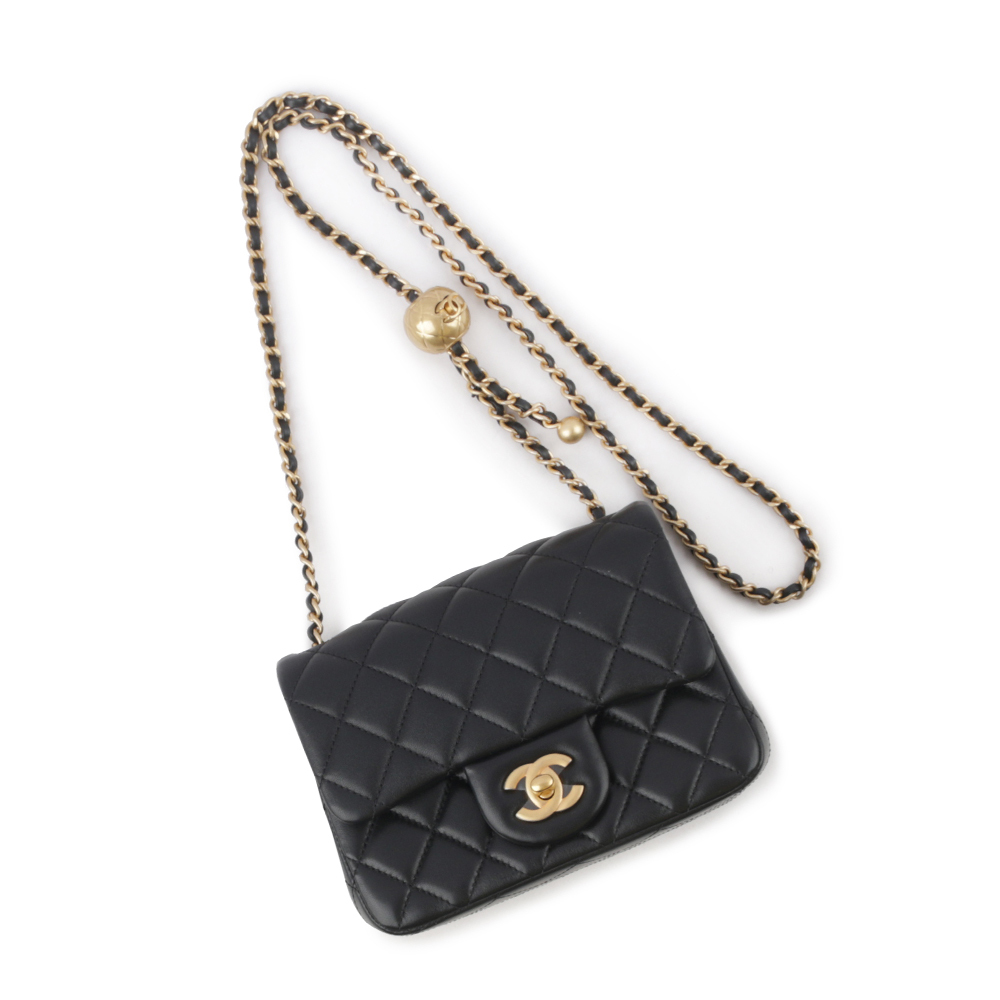 【CHANEL】菱格紋小羊皮口蓋金球方胖包(黑色) AS1786 B02916 94305